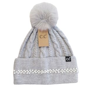C.C New Beanie Gray Womens Soft Pearl Warm Faux Fur Pom Winter Hat Stretch